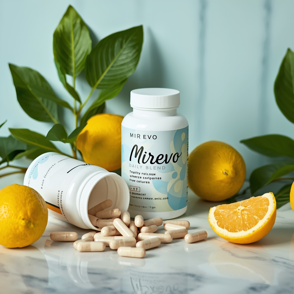 Mirevo Daily Blend supplement bottle with lemon and wellness theme