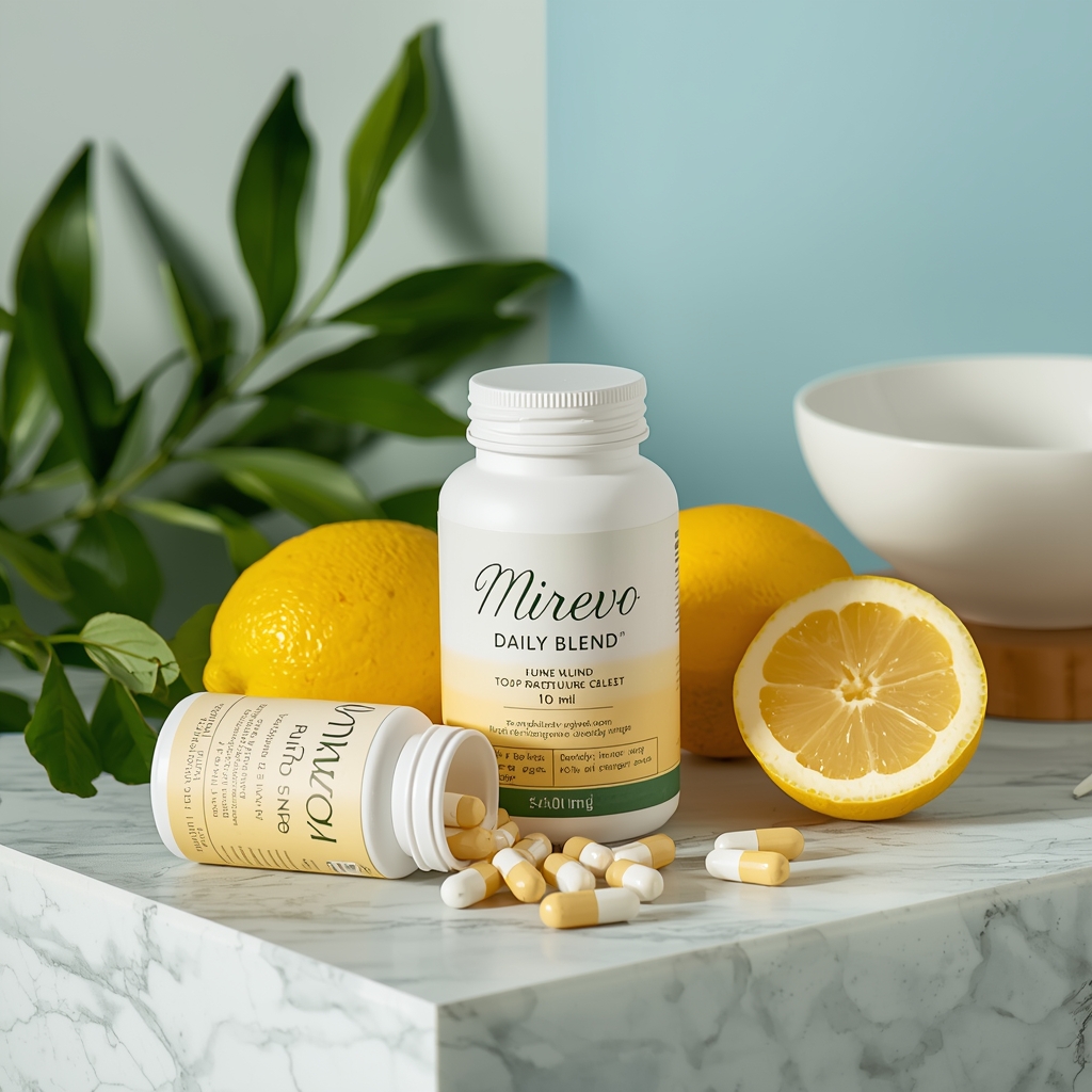 Mirevo supplement bottle with ingredient list and daily serving information